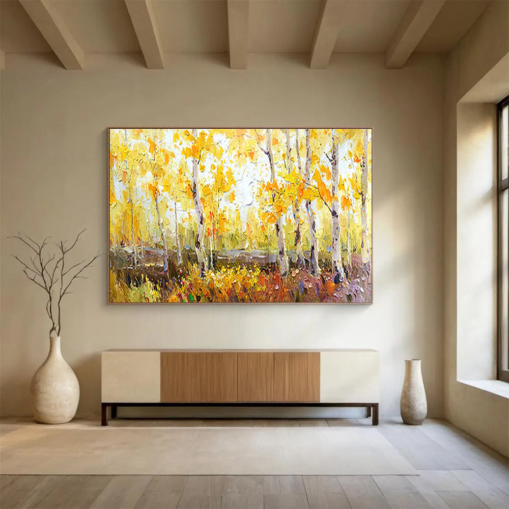 Autumn Birch Forest Abstract Painting for Cozy Cottage Interiors YHT212