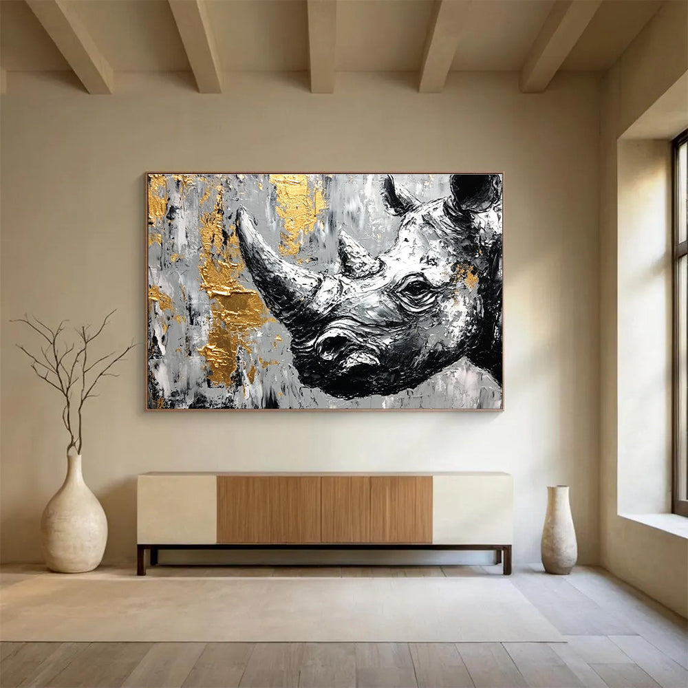 Rhino with Gold Accents and Textured Surface Abstract Painting ABS327