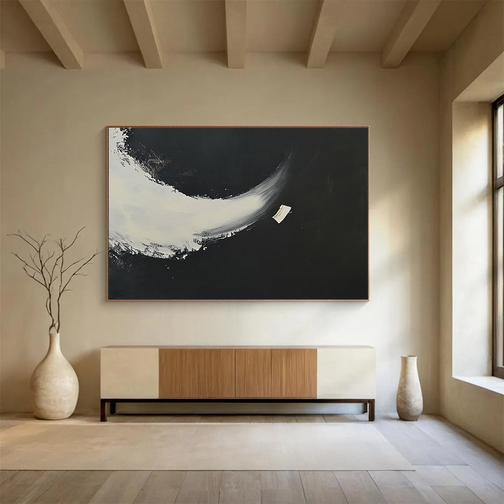 Black - White Crescent Abstract Painting with a Simple yet Striking Design ABS256