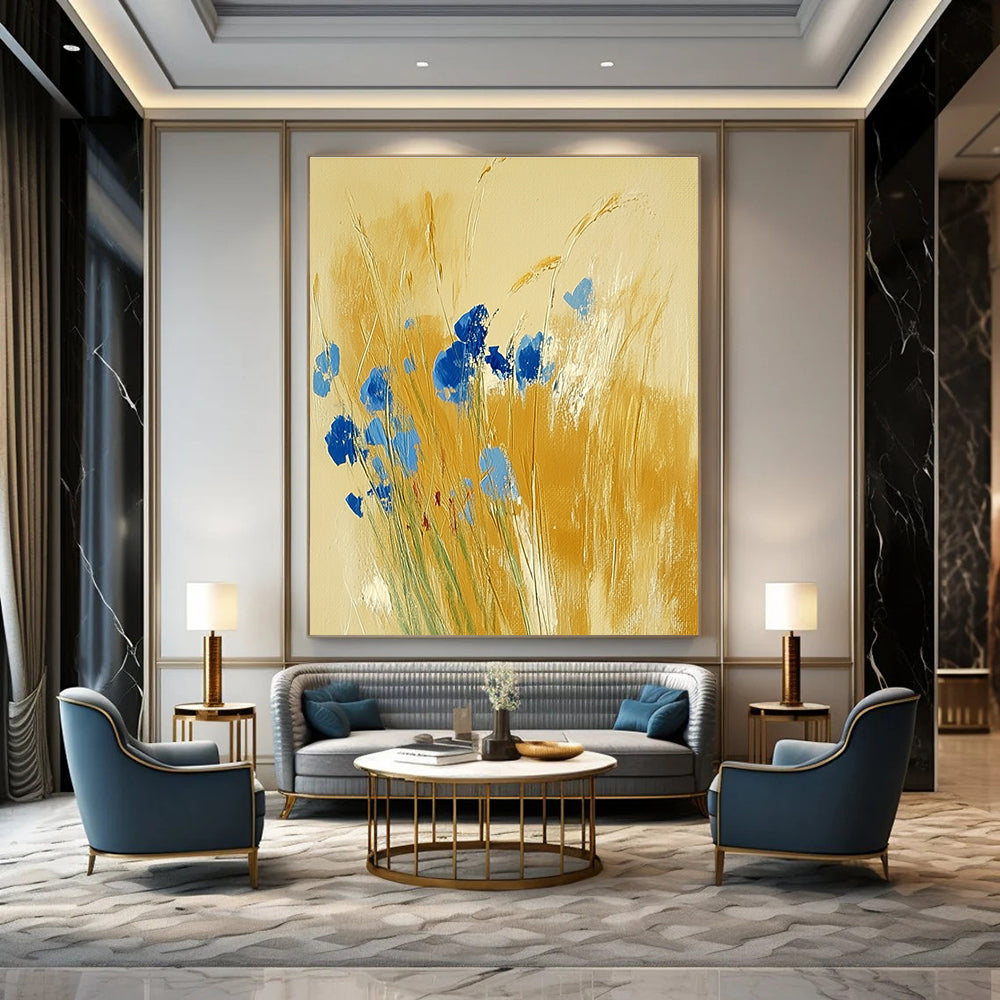 Blue Flowers in Golden Grass Abstract Painting for Country - Style Patios GAB0797