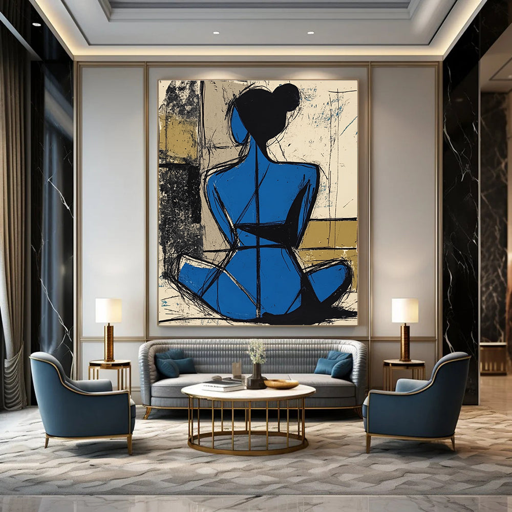 Blue Figure Silhouette Abstract Painting of Graceful Form GAB0116