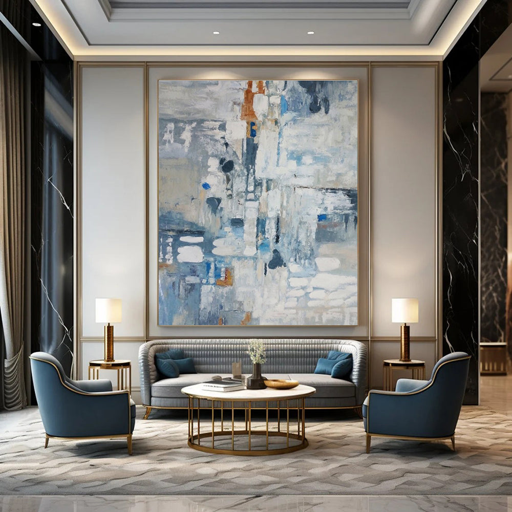 Blue and Gray Abstract Painting for Coastal Home Studies HENG028