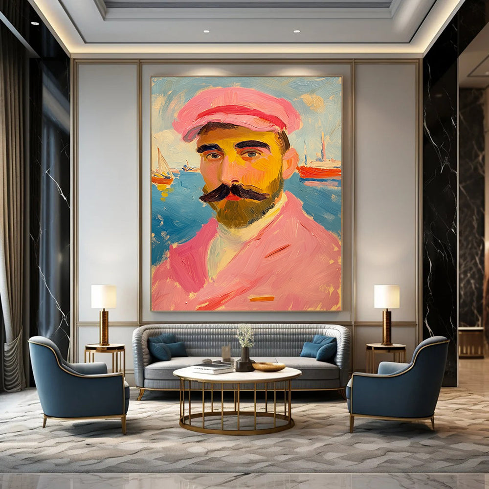 Man with Pink Hat Impressionistic Portrait Abstract Painting GAB0322
