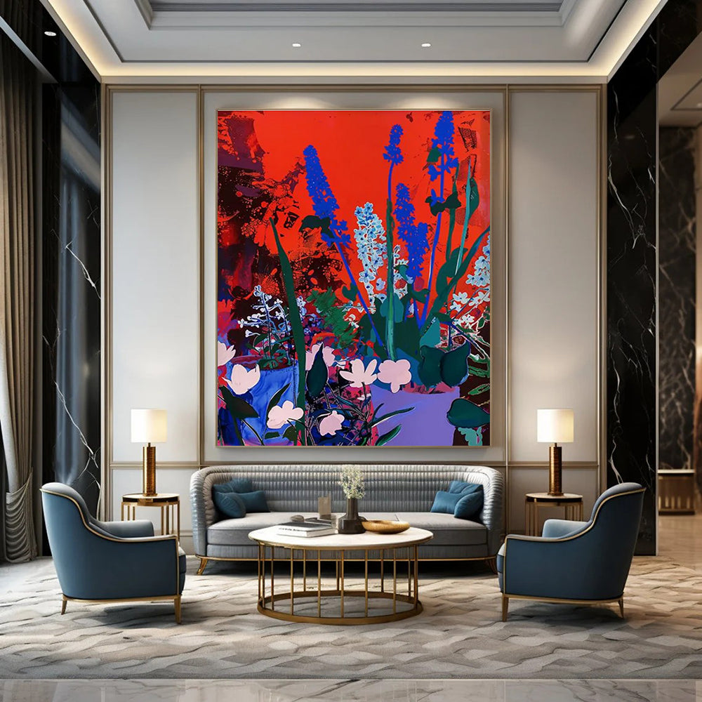 Blue Flowers on Red Abstract Painting for Bold Home Interiors HENG100