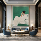 Leisurely Woman with Cup Abstract Painting in Green and White GAB0020