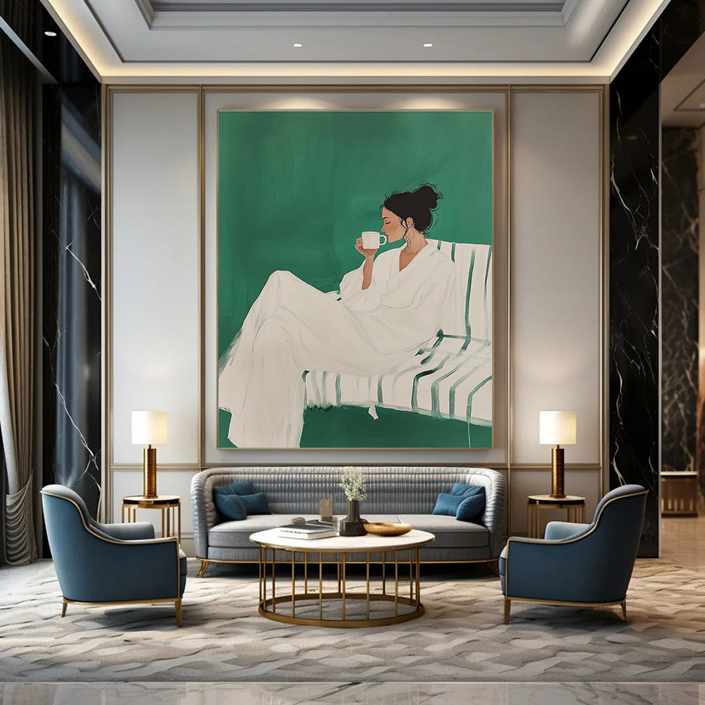 Leisurely Woman with Cup Abstract Painting in Green and White GAB0020