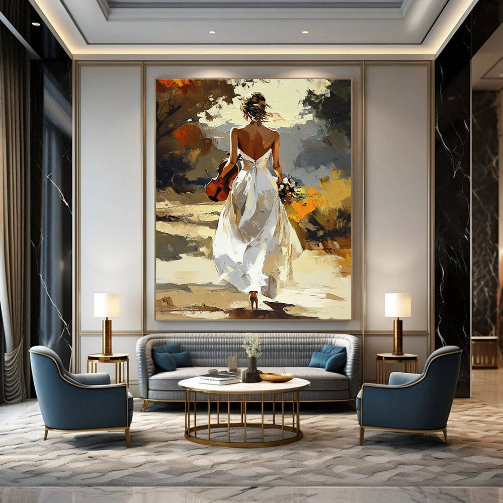 Woman with Violin in White Dress Romantic Abstract Painting for Artistic Spaces GAB1430