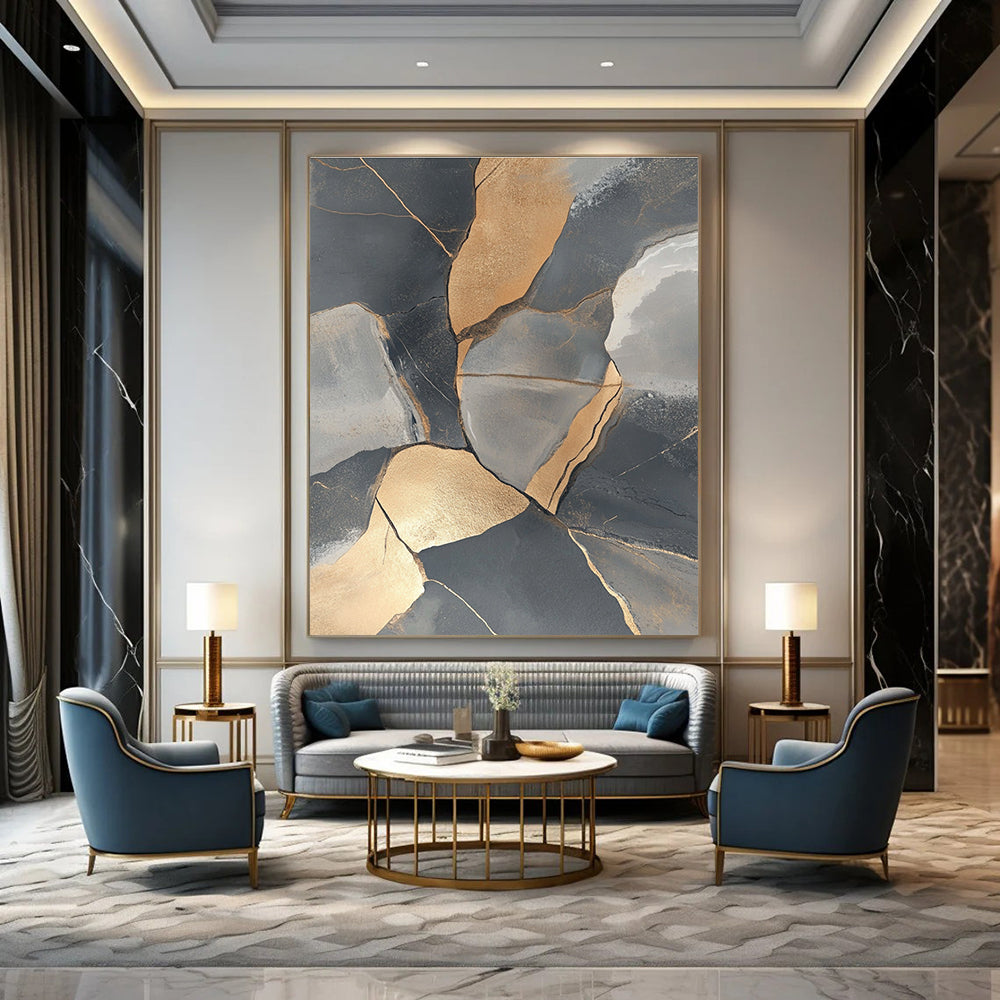 Gold and Gray Stones Abstract Painting for Luxury Office Lobbies GAB1344