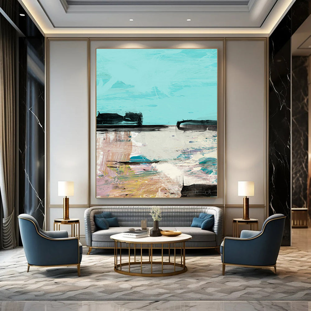 Turquoise - Toned Landscape Abstract Painting for Coastal - Inspired Cafés HENG197