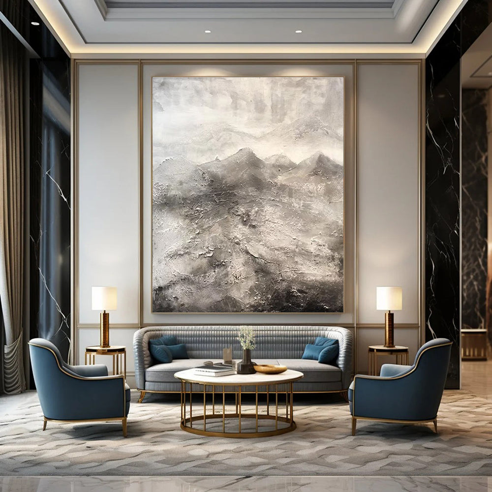 Evocative Gray - Toned Textured Mountains Painting for Nature - Inspired Spaces HENG256