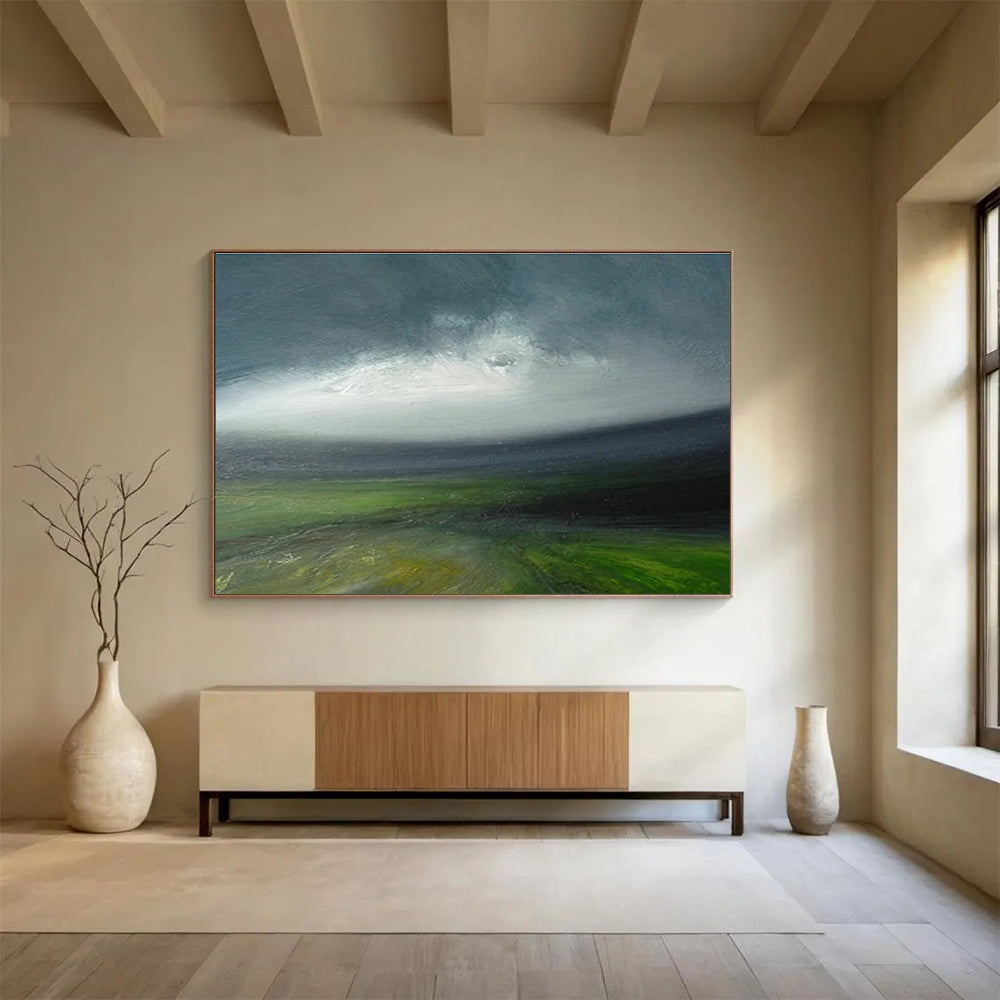 Green Field and Cloudy Sky Landscape Abstract Painting for Nature - Loving Spaces YHT028