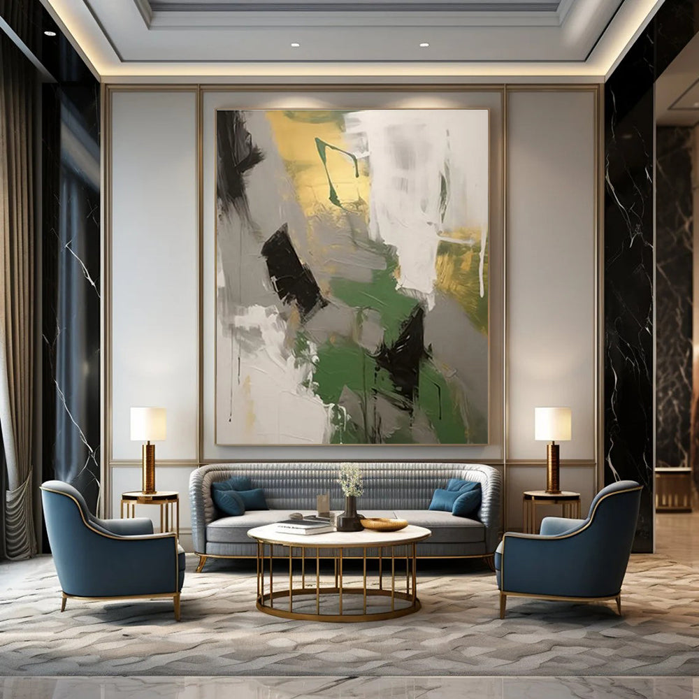 Green - Gray - Gold Abstract Painting for Eco - Friendly Workspaces HENG115