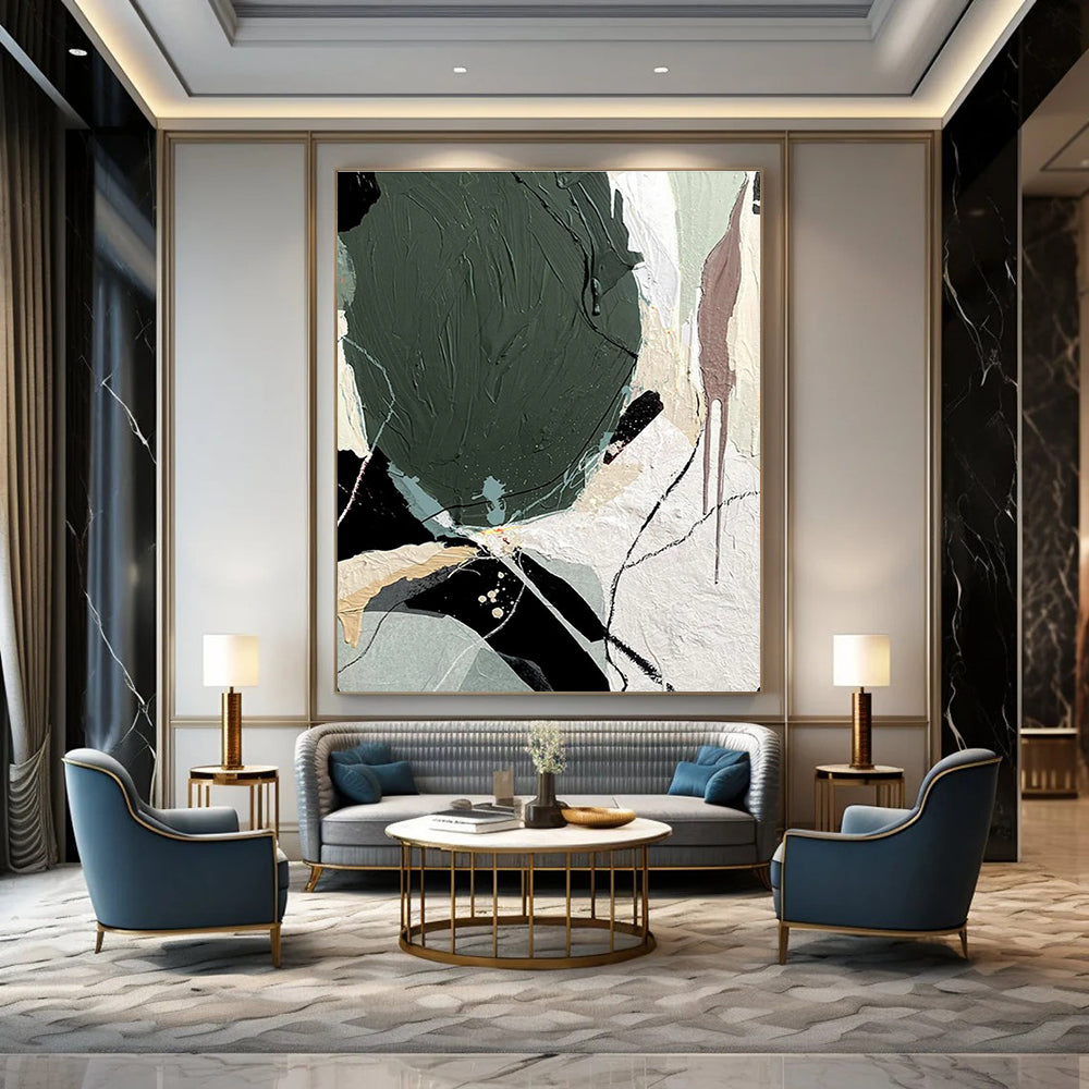 Mixed - Media Abstract with Green Painting for Creative Coworking Spaces HENG505