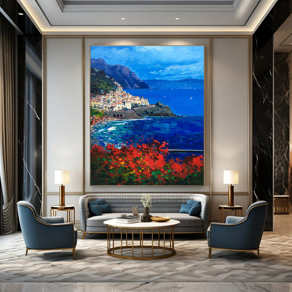 Coastal Village with Mountains Abstract Painting for Italian - Inspired Villas HENG533