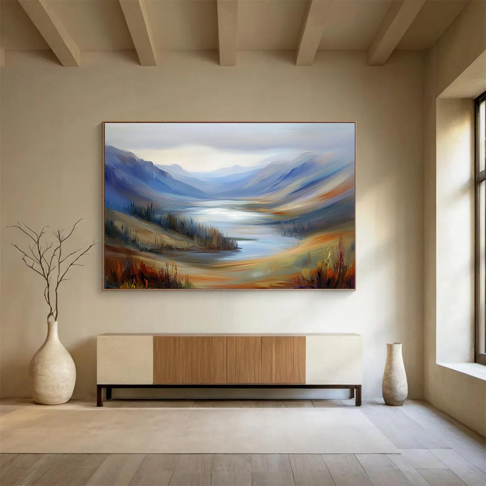 Misty Mountain Valley Lake Painting with Soothing Tranquil Hues ABS560