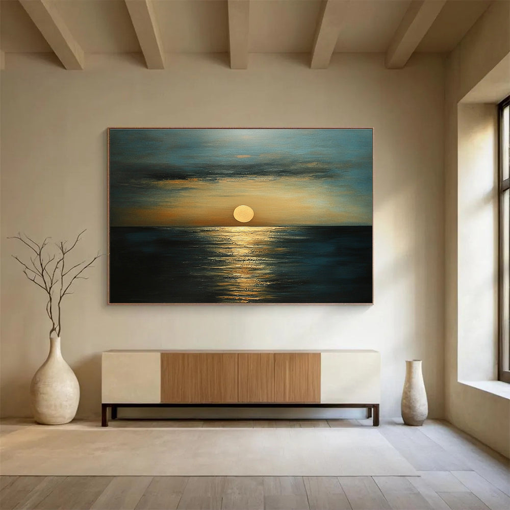 Golden Sunset Over Ocean Abstract Painting with Serene Ambiance ABS571