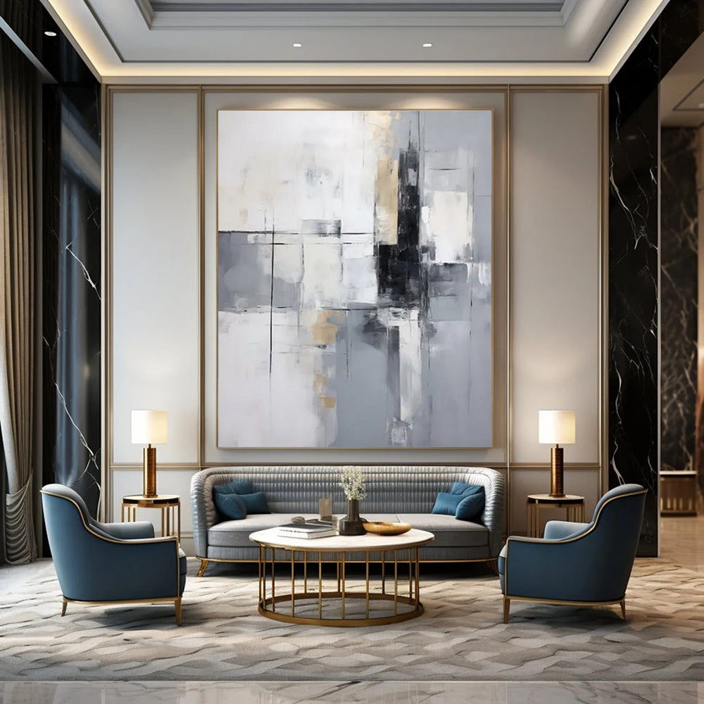 Gray - Gold - White Abstract Painting for Modern Corporate Receptions HENG138