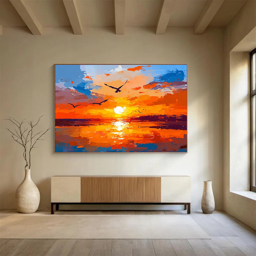 Orange Sunset Abstract Painting with Soaring Avian Energy ABS443