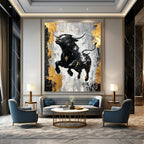 Dynamic Black Bull with Gold Accents Abstract Painting GAB0032