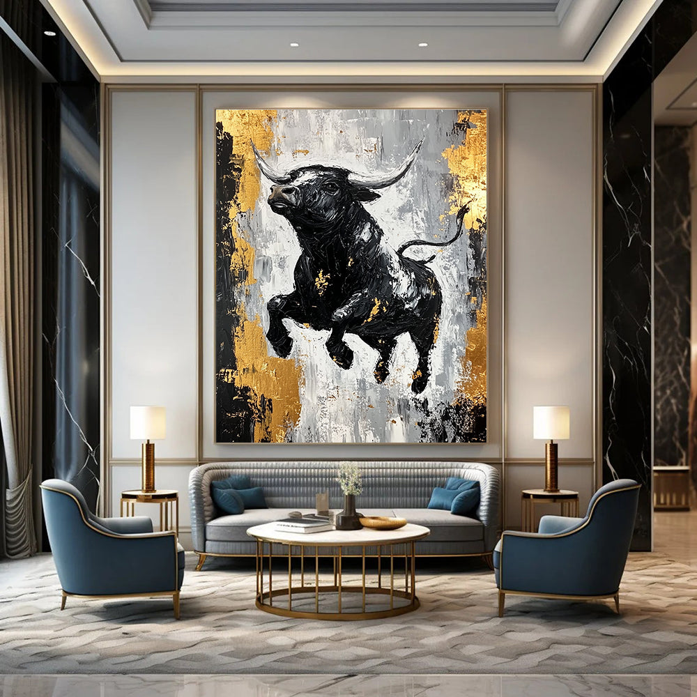 Dynamic Black Bull with Gold Accents Abstract Painting GAB0032
