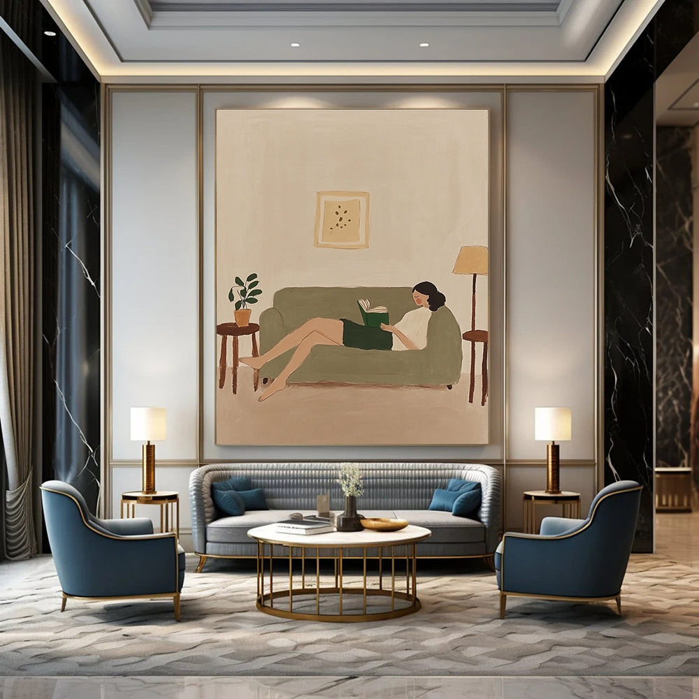 Woman Reading on Sofa - Cozy Domestic Abstract Art GAB0421