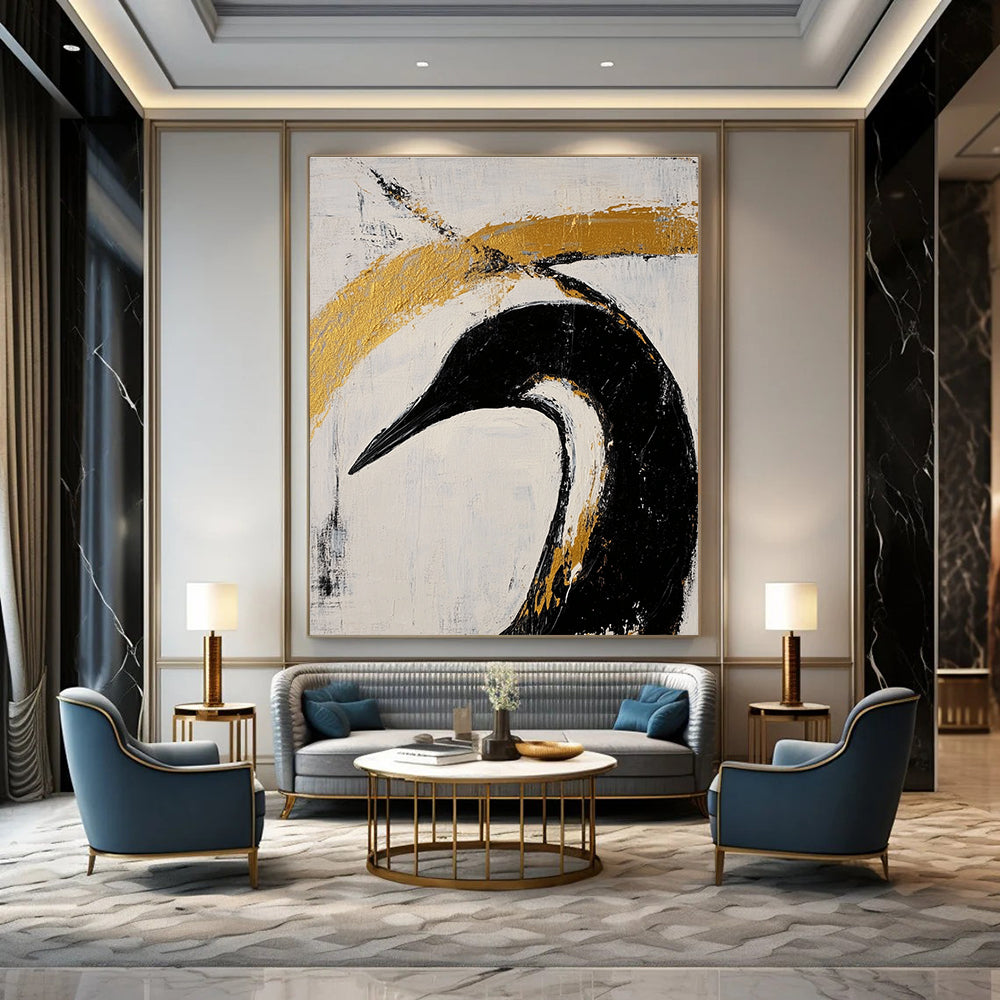 Black Bird with Gold Highlights - Edgy Figurative Abstract Art GAB0437