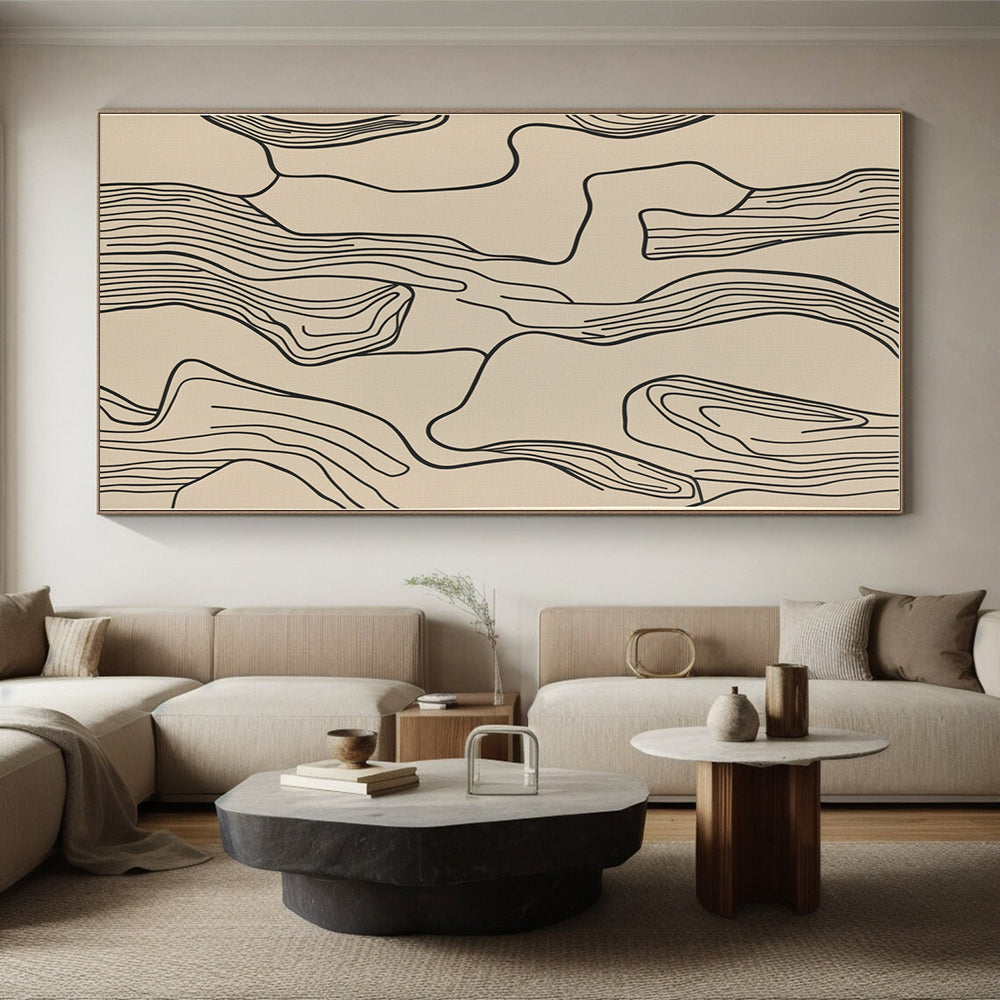 Black Line Abstract on Beige Abstract Painting with Minimalist Grace WINK268