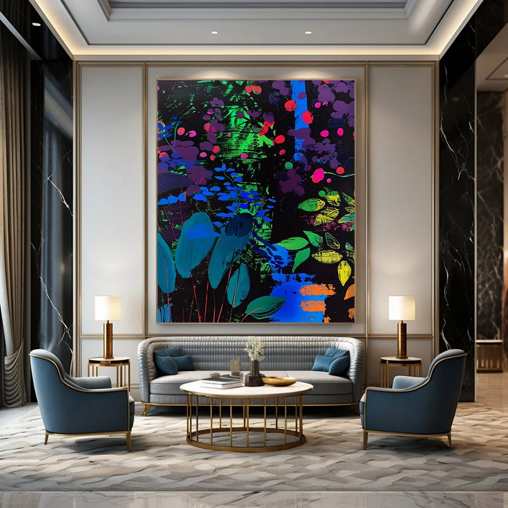 Neon Floral Night Abstract Painting for Trendy Nightclubs HENG095