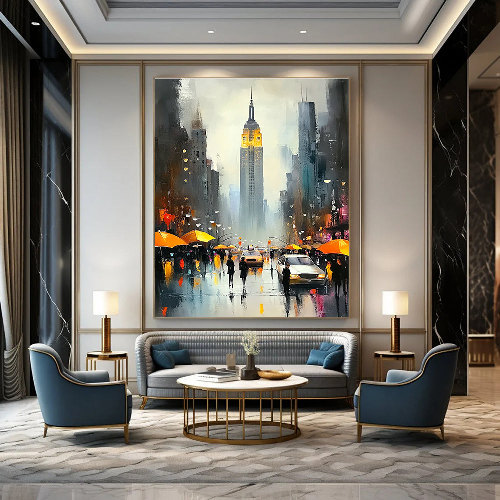 Rainy City Street with Umbrellas Romantic Urban Abstract Painting GAB0287
