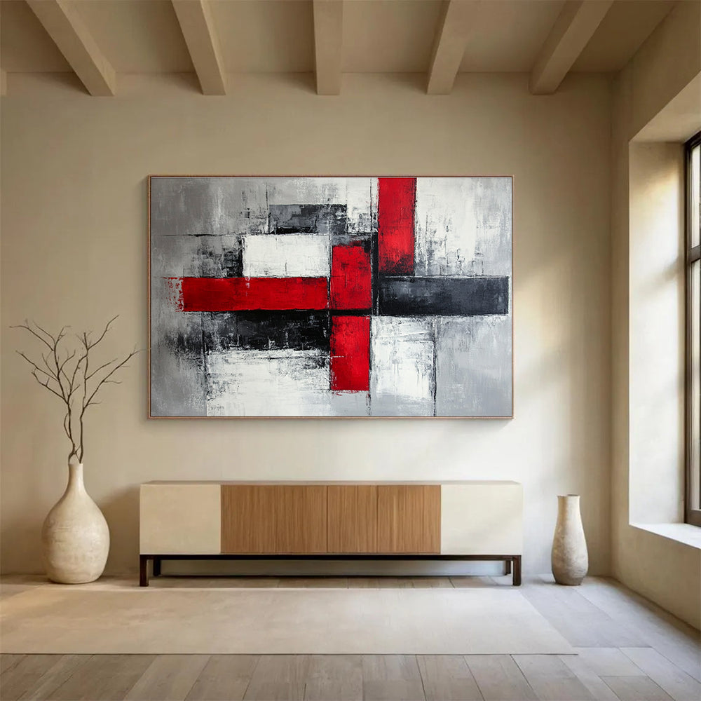 Red, Black and Gray Geometric Abstract Painting with Bold Contrasts ABS397
