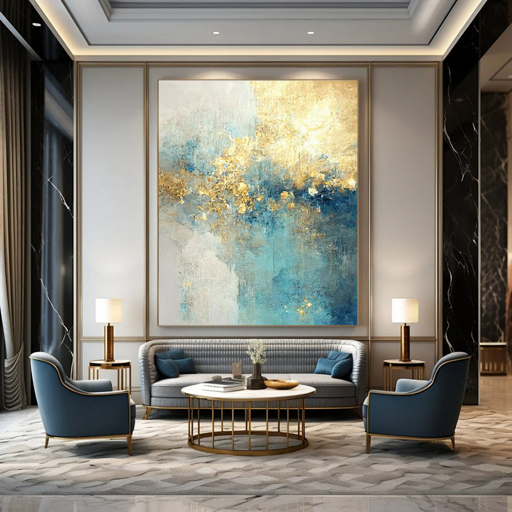 Blue - Gold Abstract Landscape Painting for Coastal Home Offices HENG077