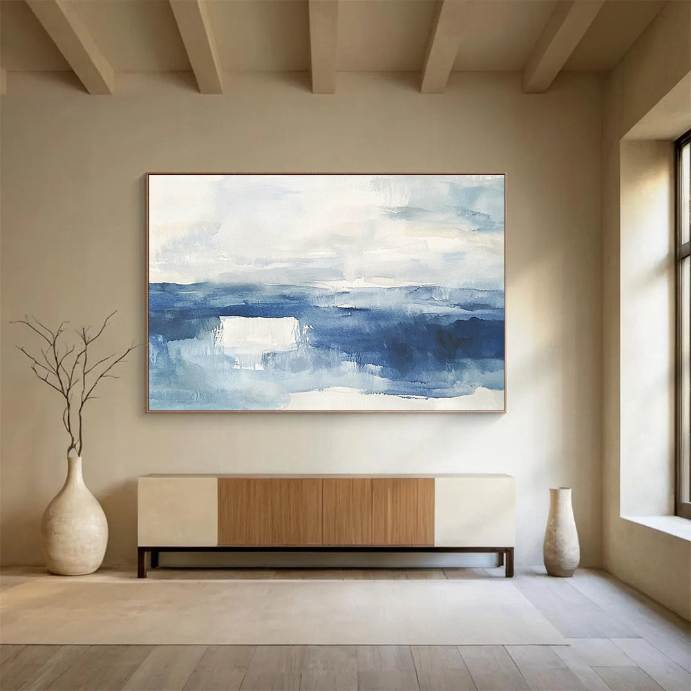 Blue Watercolor Seascape Abstract Painting with Calm, Fluid Beauty ABS448