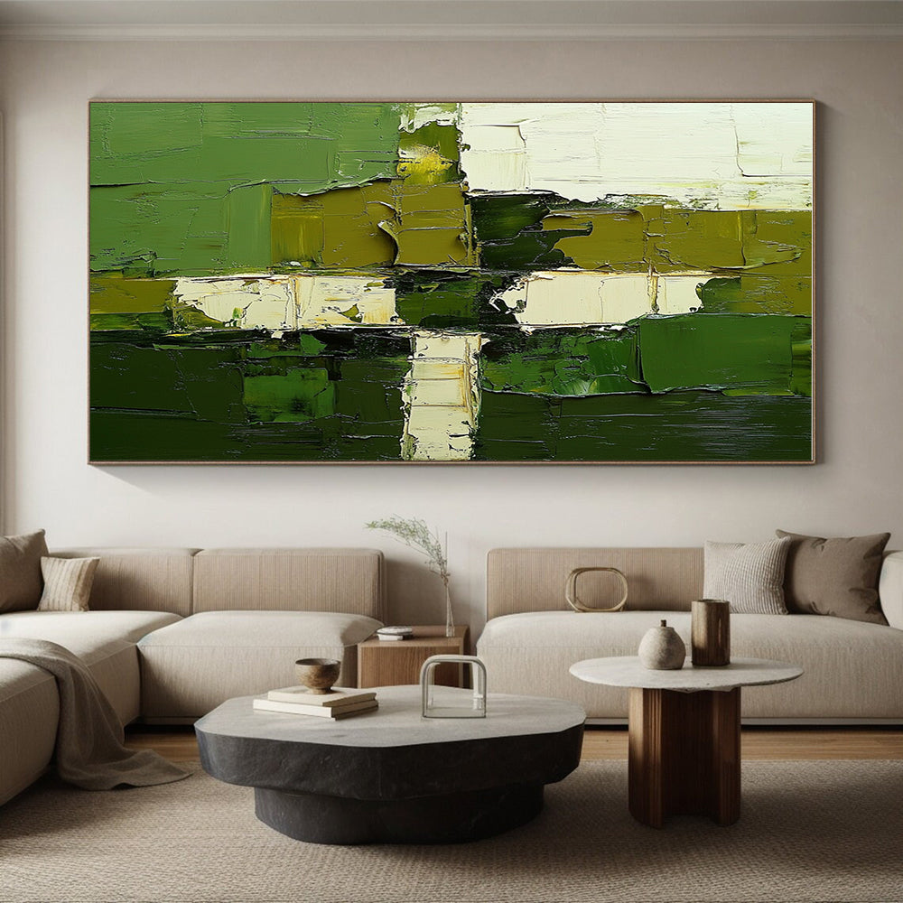 Green White Geometric Abstract Painting with Textured Precision WINK606