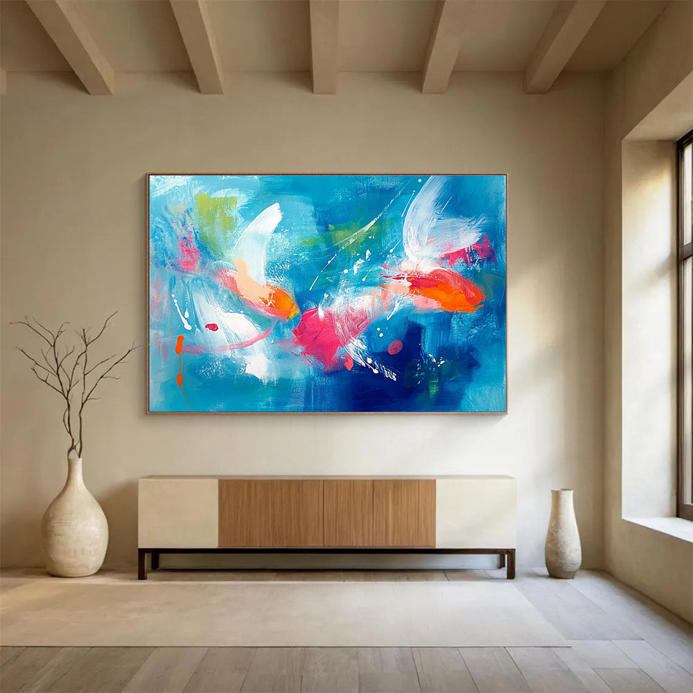 Koi Fish in Blue Abstract Painting with Energetic, Aquatic Beauty ABS466