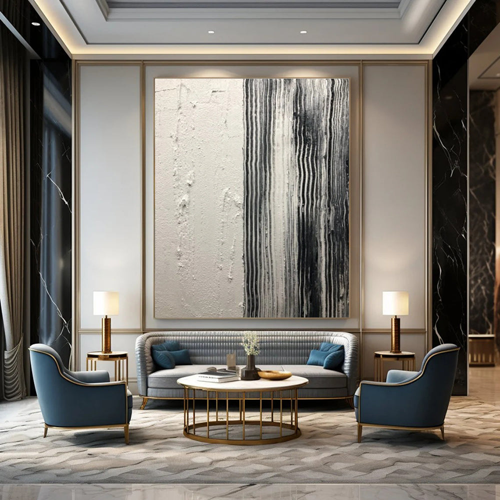 Black - White Striped Textured Abstract Painting for Industrial - Inspired Spaces HENG382