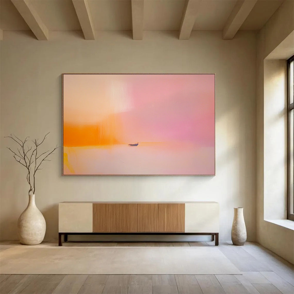 Soft Pink - Orange Abstract Boat Painting with Dreamy, Tranquil Serenity ABS488