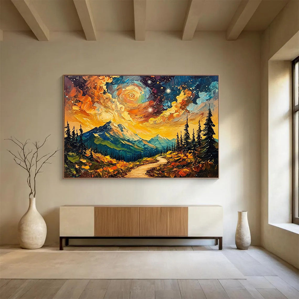 Mountain Path Under Starry Sky: Dreamy Wilderness Adventure Abstract Painting ABS155
