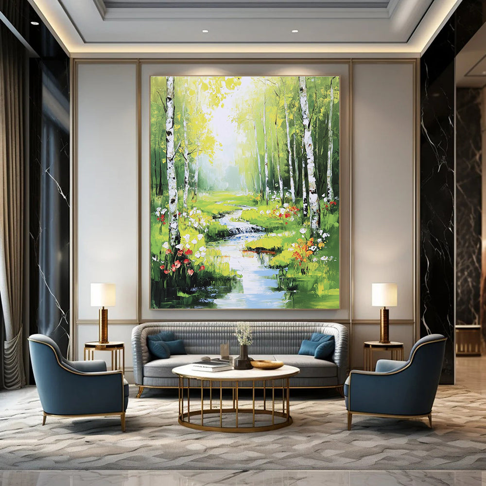 Enchanted Forest Stream Abstract Painting with Lush Greens GAB0013