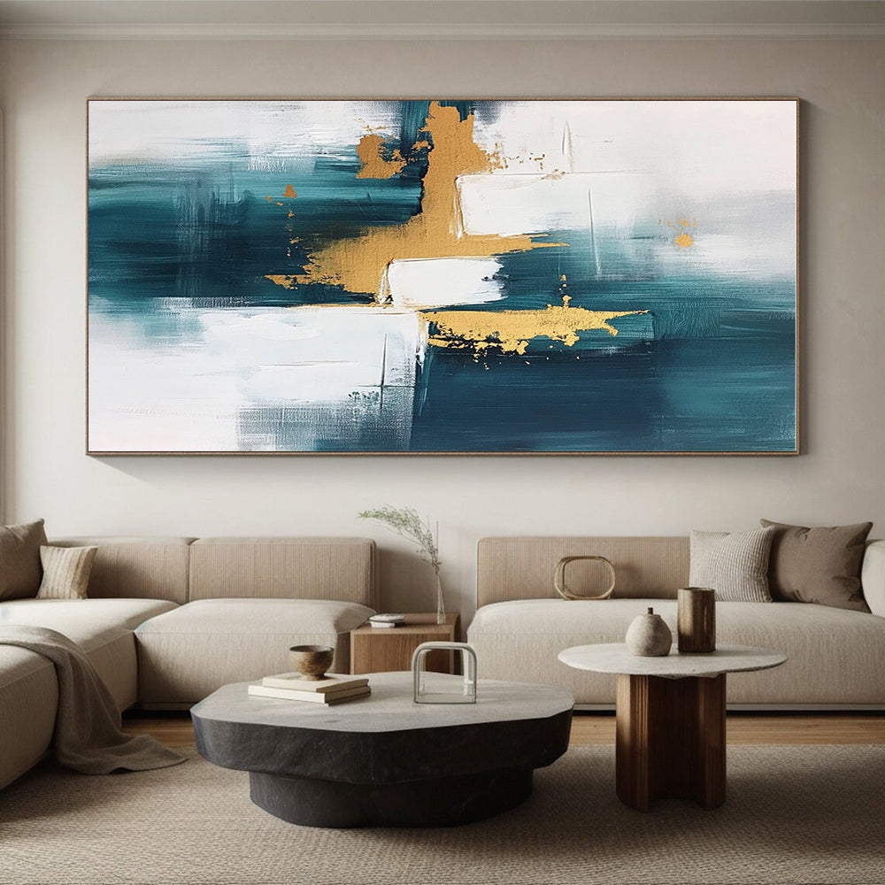 Teal Gold White Abstract Painting with Flowing Luxury WINK676