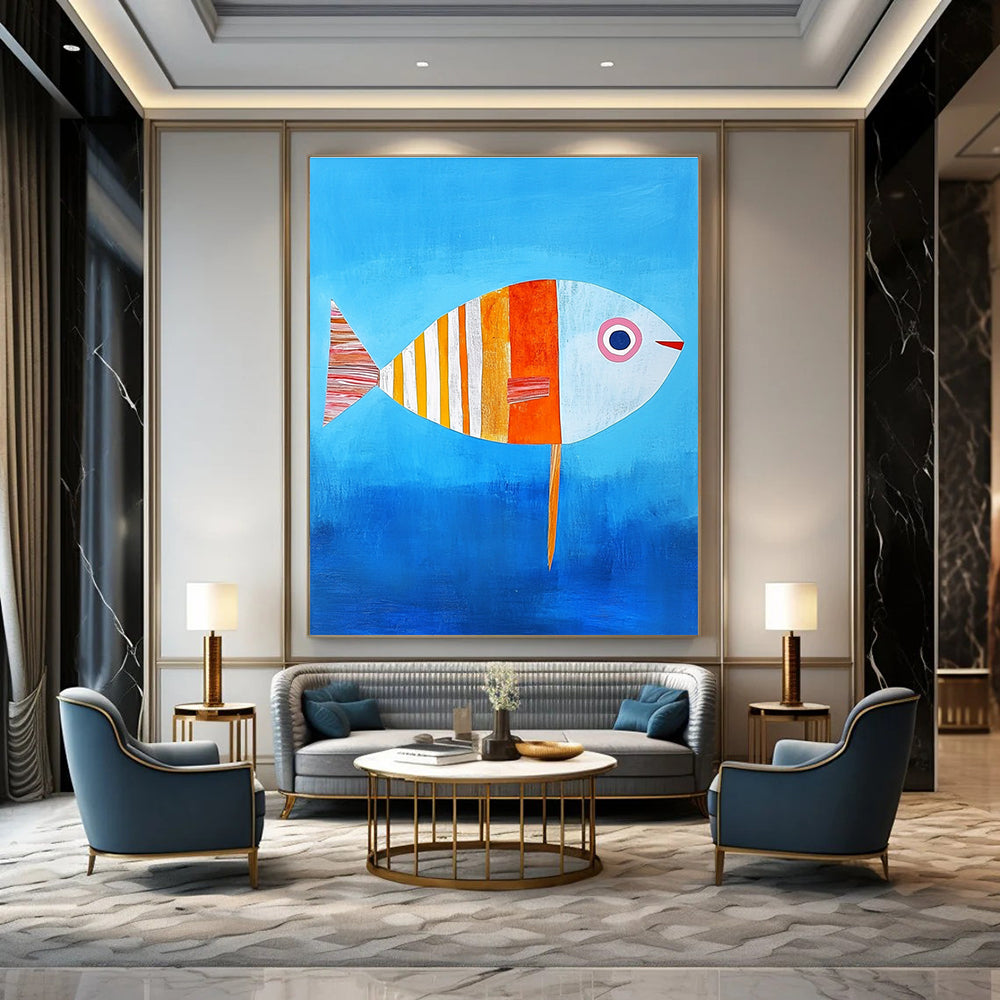 Colorful Patchwork Fish Whimsical Marine Abstract Painting GAB0344