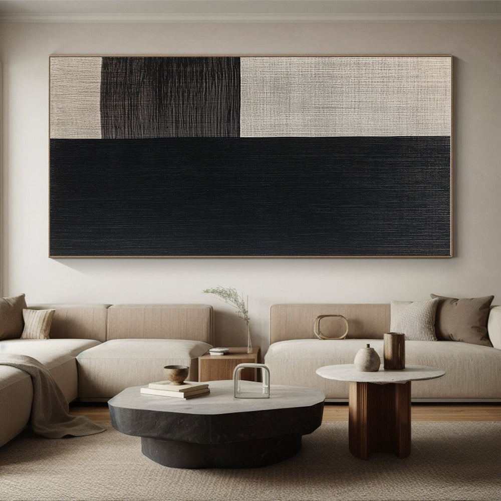 Black and Beige Textured Squares Abstract Painting with Tactile Simplicity WINK015