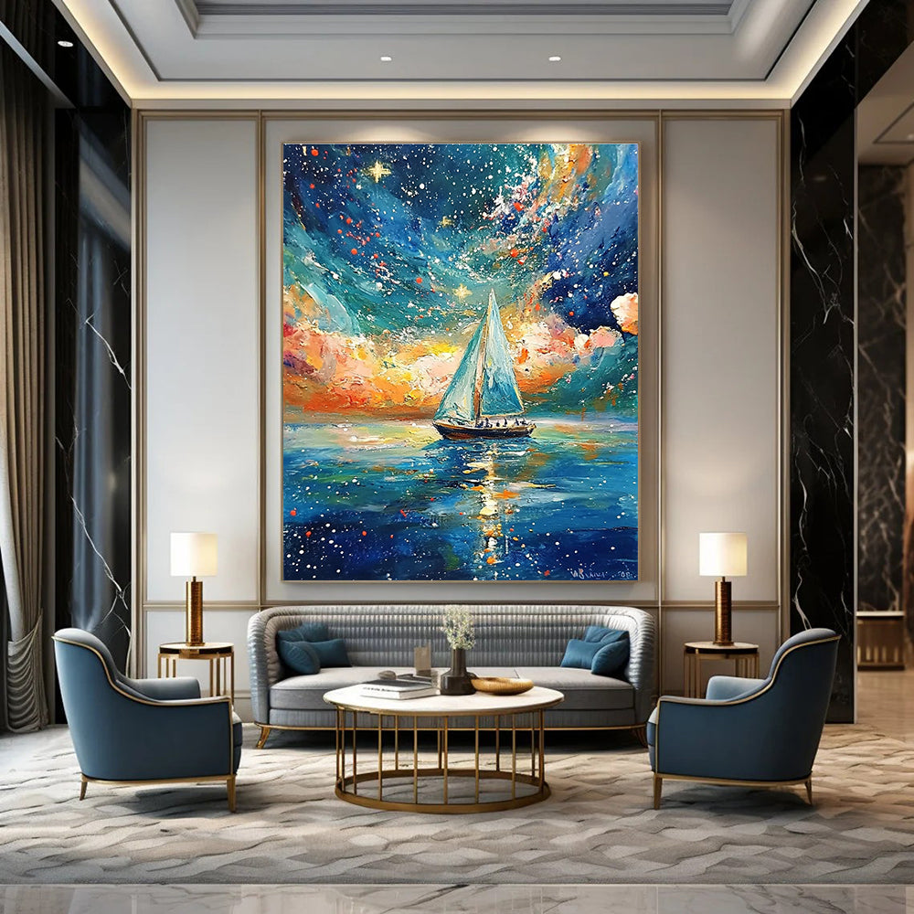 Sailboat Under Starry Sky Dreamy Maritime Abstract Painting GAB0354