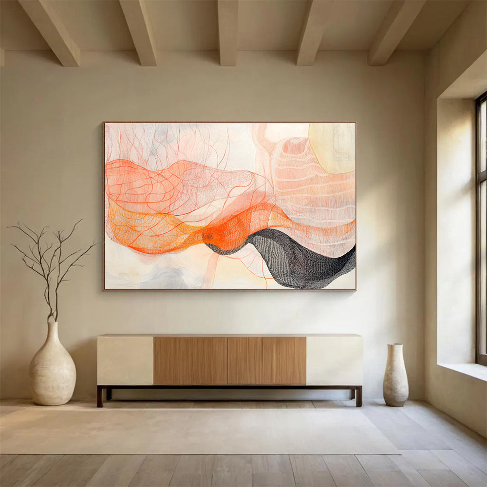 Orange and Pink Line Abstract Painting with Delicate, Flowing Textures ABS462