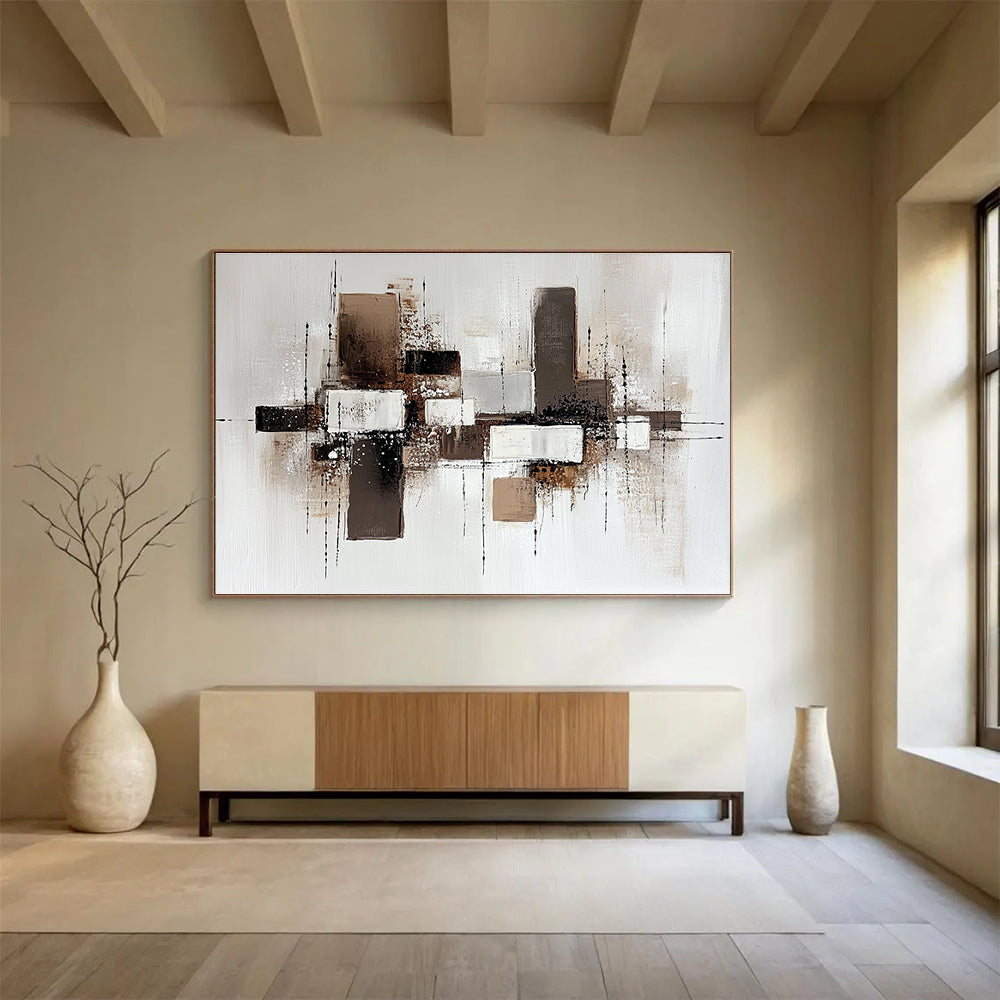 Brown and White Geometric Abstract with Textured Splatters Abstract Painting ABS372