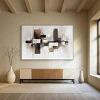 Brown and White Geometric Abstract with Textured Splatters Abstract Painting ABS372