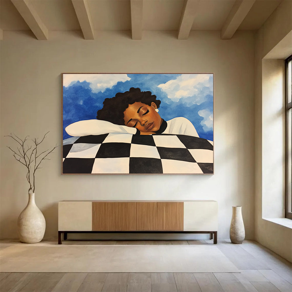 Dreaming Figure on Checkered Pillow Abstract Painting with Calm Intimate Vibe ABS561