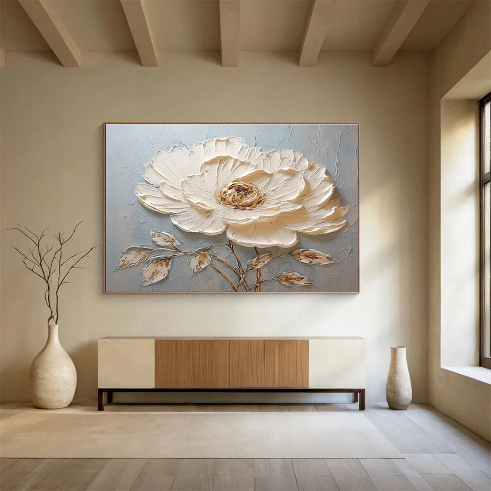 Textured White Flower Abstract Painting for Minimalist Interiors YHT175