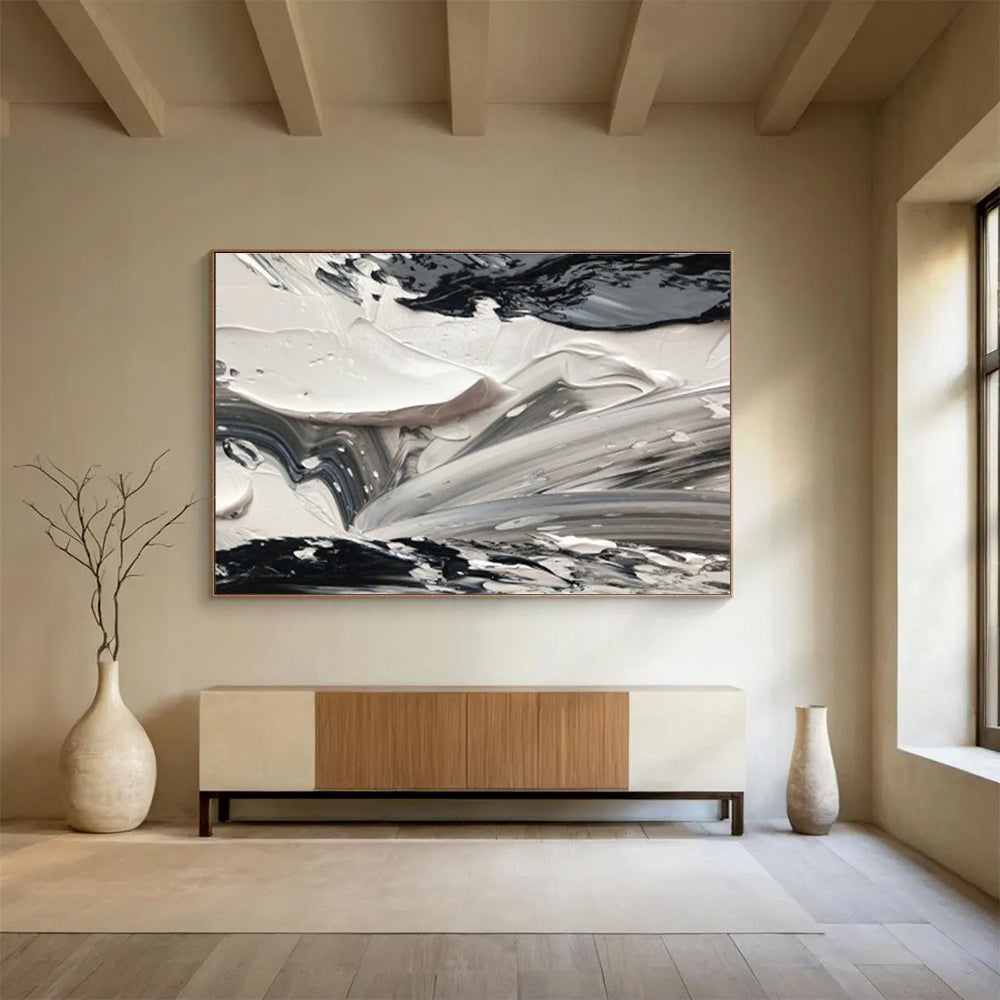 Black and White Abstract Textures Painting for Modern Monochrome Spaces YHT314