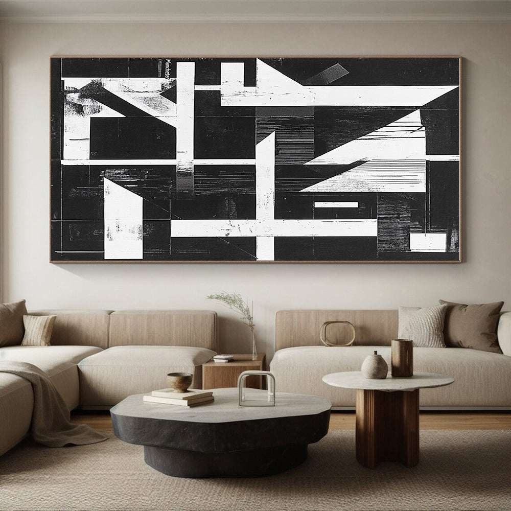 Geometric Black and White Abstract Painting with Structural Intrigue WINK145