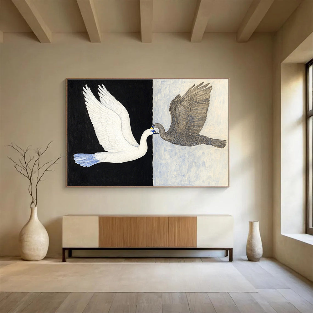 Symbolic Black - White Swans Art Exploring Duality and Harmony in Nature Abstract Painting ABS149